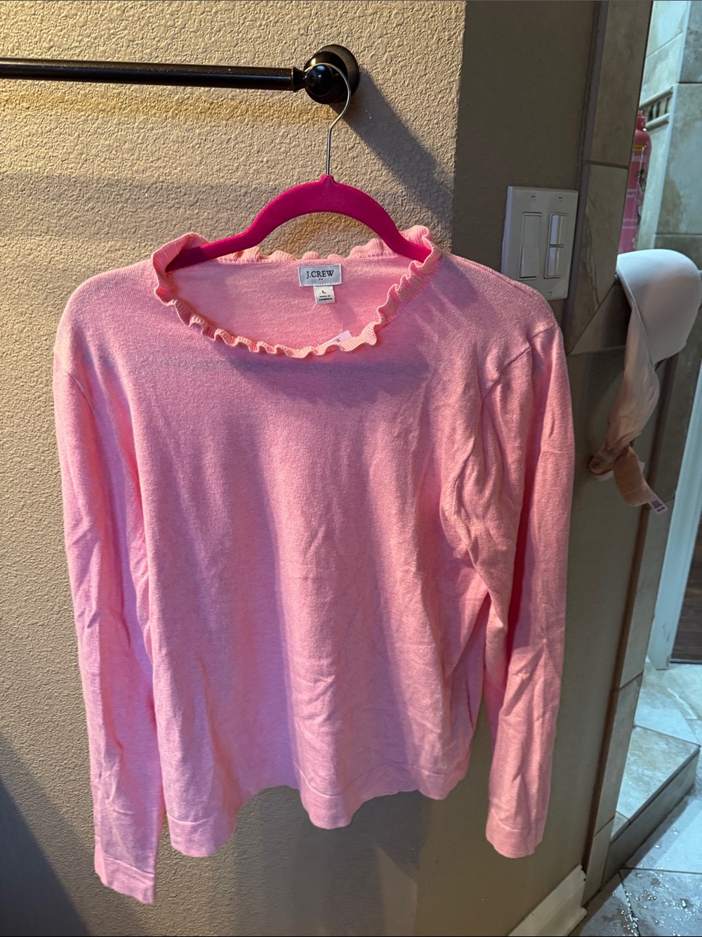 J. Crew Pink Ruffle Neck Long Sleeve Tee